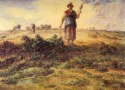 Jean-Franc Millet A Shepherdess and her Flock Watercolour heightened with white oil